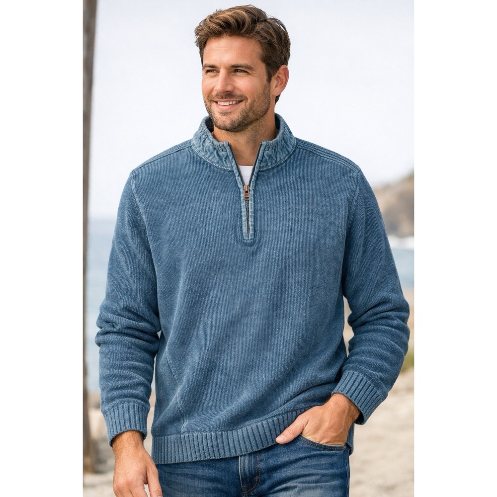 Carbon2Cobalt Men Sweater L Pullover Blue Quarter Zip Mock Neck Ribbed Cotton